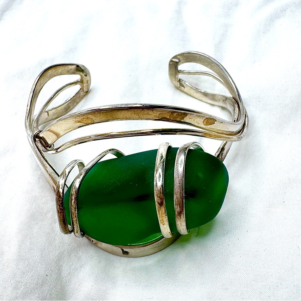 Artisan Sterling Silver Cuff Bracelet with green Sea Glass Stone